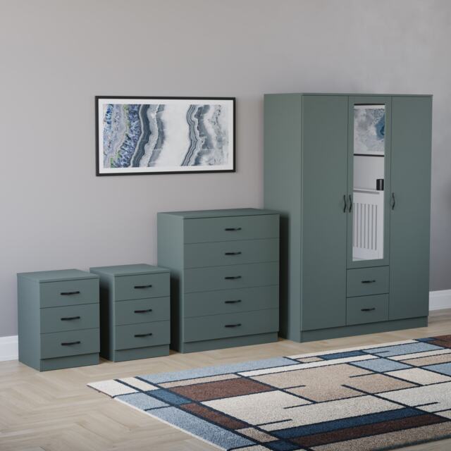 Vida Designs Riano 4 Piece Bedroom Set (2x 3 Drawer Bedside Chest, 5 Drawer Chest, 3 Door 2 Drawer Mirrored Wardrobe) - Green