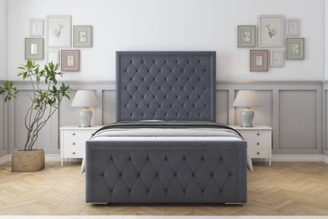"Sloomy Monroe Steel Plush Bed Frame With 50"" Upholstered Headboard 4'6 Double"
