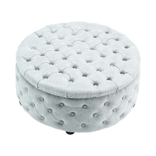 Living and Home Round Linen Deep Buttoned Ottoman with Studded Edge, Grey White