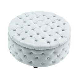 Living and Home Round Linen Deep Buttoned Ottoman with Studded Edge, Grey White