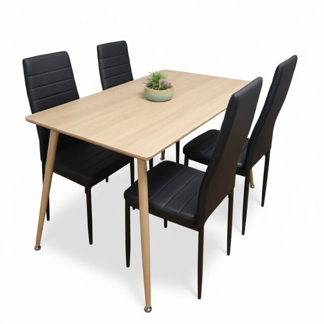 Wood Dining Table Set with 4 Black Faux Leather Chairs Kitchen Dining Furniture