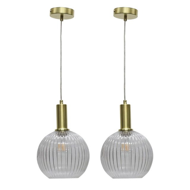 Set of 2 Betchley - Clear Ribbed Glass Globe Satin Brass Deco Pendants