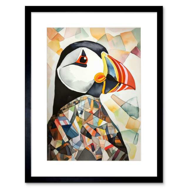 "Puffin Bird Abstract Portrait Folk Art 9x7"" Black Framed Wall Art Print"