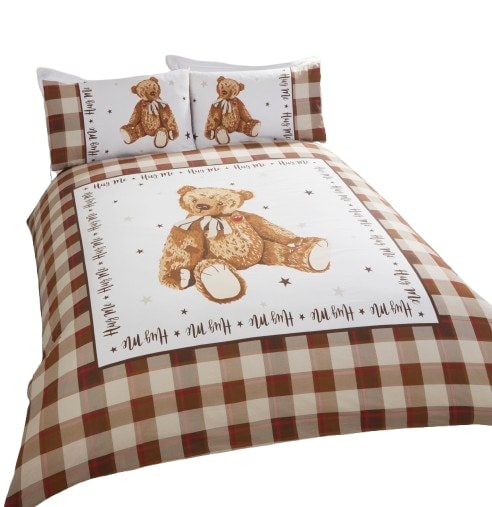 Hug Me Bear Check Polycotton Duvet Cover Set with Pillowcase Brown Natural Single 1