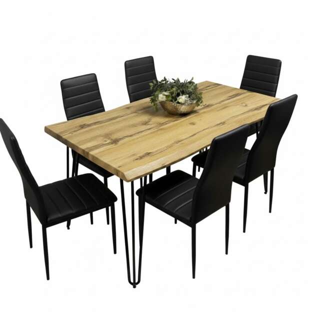 Modern Dining Table Set and 6 Black Faux Leather Chairs Kitchen Furniture