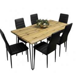 Modern Dining Table Set and 6 Black Faux Leather Chairs Kitchen Furniture