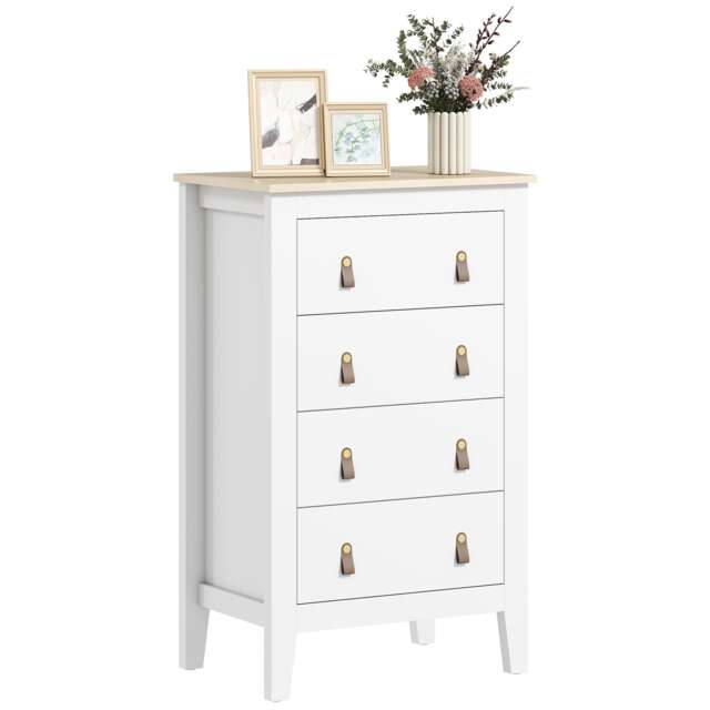 HOMCOM Bedroom Chest of Drawers, Modern 4 Drawer Dresser Cabinet with PU Leather Handles and Metal Runners for Living Room, Hallway, Entryway, 60 x 40 x 98 cm, White