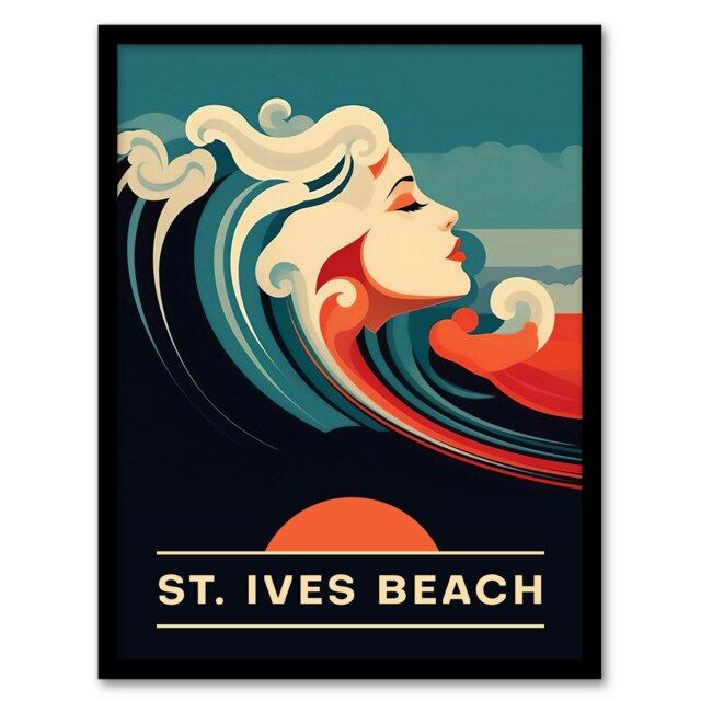 St Ives Beach England Uk Sunset Woman Waves Black Framed Wall Art Print A4