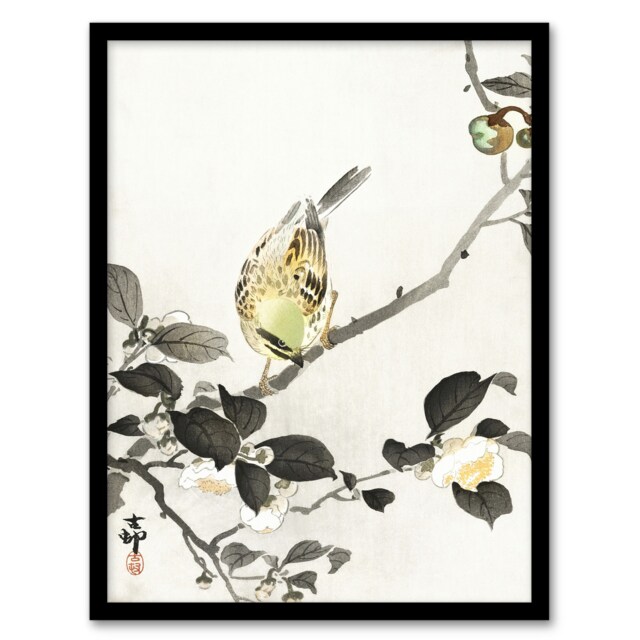 "Bunting On Blossom Branch Vintage Japan Framed Wall Art Print Koson 12x16"""