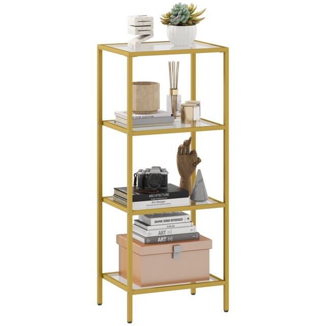HOMCOM 4-Tier Shelving Unit Modern Glass Shelf Bookshelf for Home Gold Tone