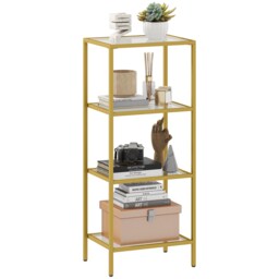 HOMCOM 4-Tier Shelving Unit, Modern Glass Shelf, Bookshelf, Storage Rack for Living Room, Home Office, Bedroom, Bathroom, 40 x 30 x 97 cm, Gold Tone Gold