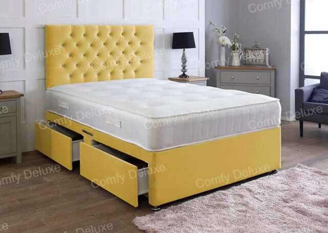 4ft6 Double Mustard Velvet Divan Bed With Headboard & Memory Sprung Mattress 2 Drawers Same Side