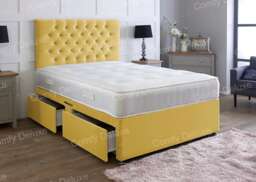 4ft6 Double Mustard Velvet Divan Bed With Headboard & Memory Sprung Mattress 2 Drawers Same Side