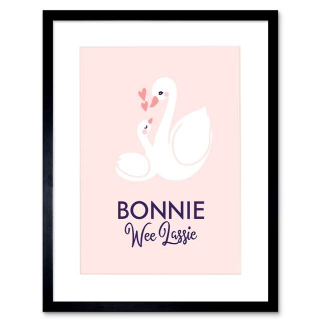 "Bonnie Wee Lassie New Baby Girl Scottish Swan Nursery 9x7"" Black Framed Wall Art Print"