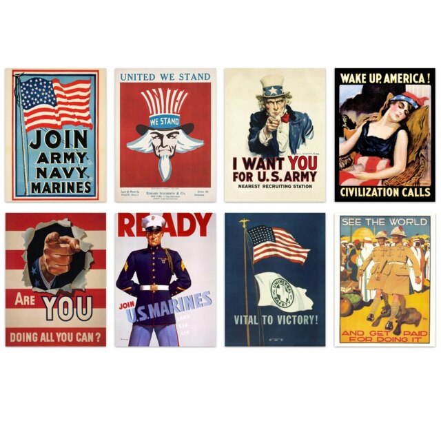 Pack Of 8 USA Vintage Recruitment Poster Wall Art Prints Posters WW1 WW2 War Army Navy Military 12X16 Inch