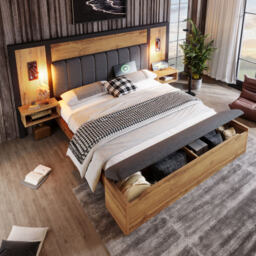 VILUXE Upholstered Bed King Bed 150 x 200 cm, Wood Bed Set with Reading Lamp, USB-C, Nightstand & Storage Bench, Bed Frame with Slatted Metal Base, Linen, Oak Color (No Mattress)