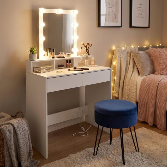 Harbour Housewares Wooden Dressing Table Set with LED Lights & Blue Stool - White White White/Blue