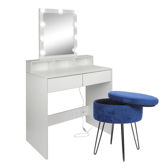 Harbour Housewares Wooden Dressing Table Set with LED Lights & Blue Stool - White White White/Blue