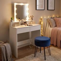 Harbour Housewares Wooden Dressing Table Set with LED Lights & Blue Stool - White White White/Blue
