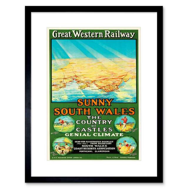 Travel Tourism GWR Railway Wales Sport Fun Sun Map Framed Wall Art Print