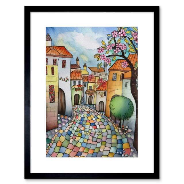 "Village Cobbled Street Cherry Blossom Folk Art 9x7"" Black Framed Wall Art Print"