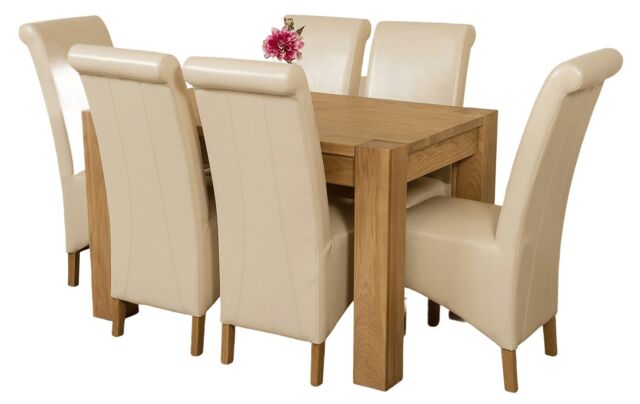 Kuba 125 x 80 cm Chunky Oak Small Dining Table and 6 Montana Leather Chairs Cream Cream