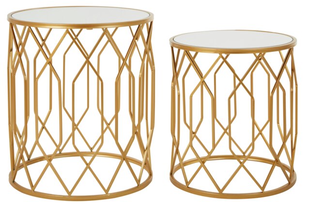 Set Of 2 Gold Frame Round Side Tables,Bedside Table With Mirrored Top,Gold Finished Accent Table,Round Table Gold