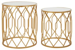 Set Of 2 Gold Frame Round Side Tables,Bedside Table With Mirrored Top,Gold Finished Accent Table,Round Table Gold
