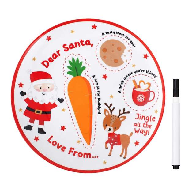 Christmas Eve Plate Santa & Rudolph Porcelain Snack Dish White Red 26cm With Pen