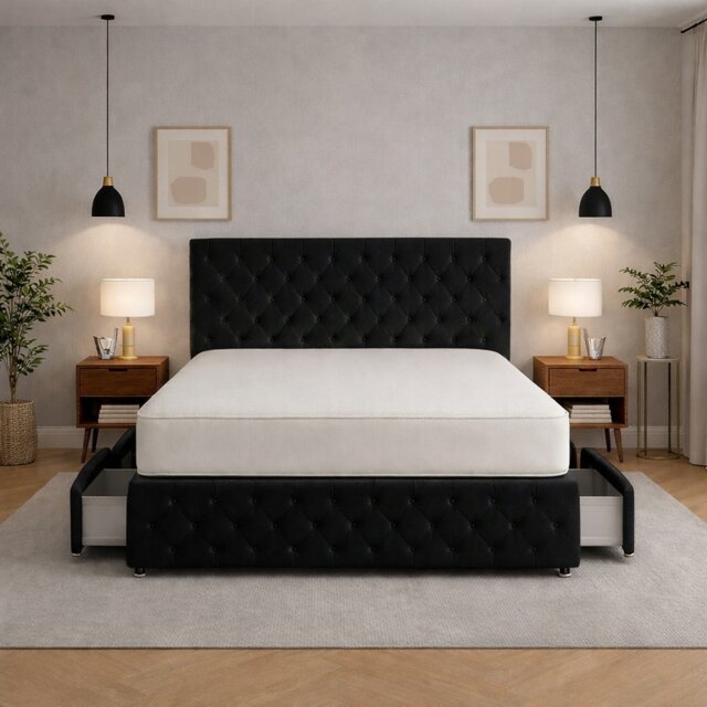 Plush 2ft6 Small Single Black Velvet Divan Bed Headboard and Footboard with Mattress Storage 2 Drawers Right Side Laying in Bed