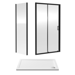 Balterley Sliding Shower Suite with Safety Glass Door, Side Panel & Tray in Black Matt Black 3