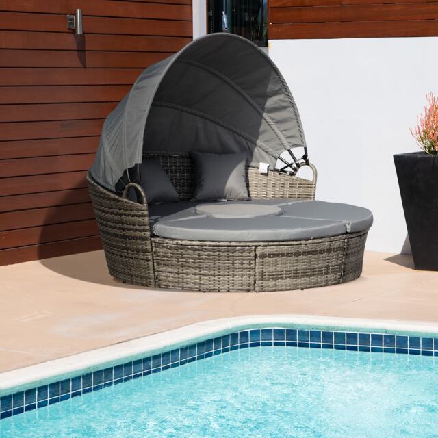 Outsunny Outdoor PE Rattan Garden Furniture with Cushioned, Patio Wicker Conversation Furniture Set, Round Daybed with Retractable Canopy, Coffee Table and Three Pillows, Grey