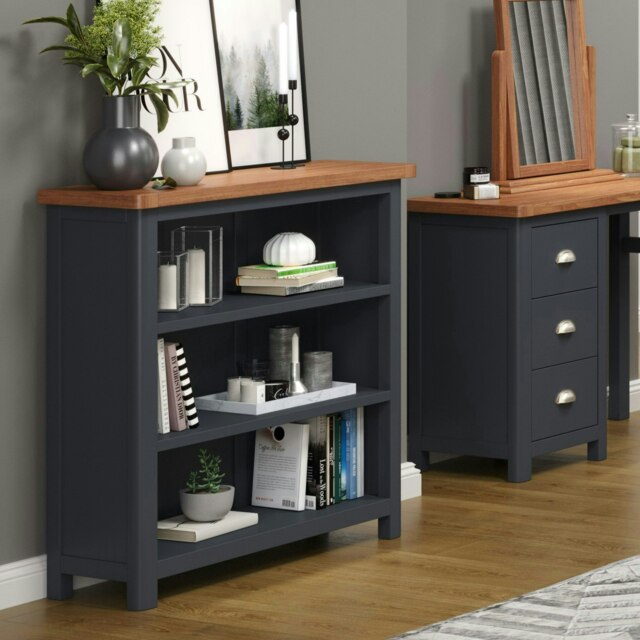Dunkeld Low 3 Shelf Bookcase - Midnight Blue Finish with Antique Waxed Hardwood Top Blue Midnight Blue One Size 1