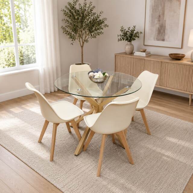 Kosy Koala Round Glass Dining Table Set With 4 Cream Plastic Chairs Dining Room Furniture Cream One Size 5
