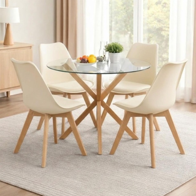 Kosy Koala Round Glass Dining Table Set With 4 Cream Plastic Chairs Dining Room Furniture Cream One Size 5