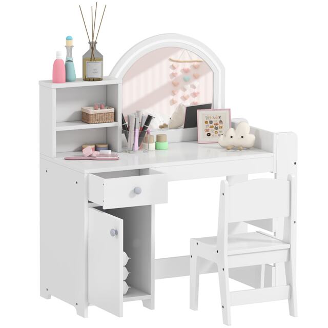 AIYAPLAY Girls Dressing Table with 2-Colour LED Mirror and Stool, White White