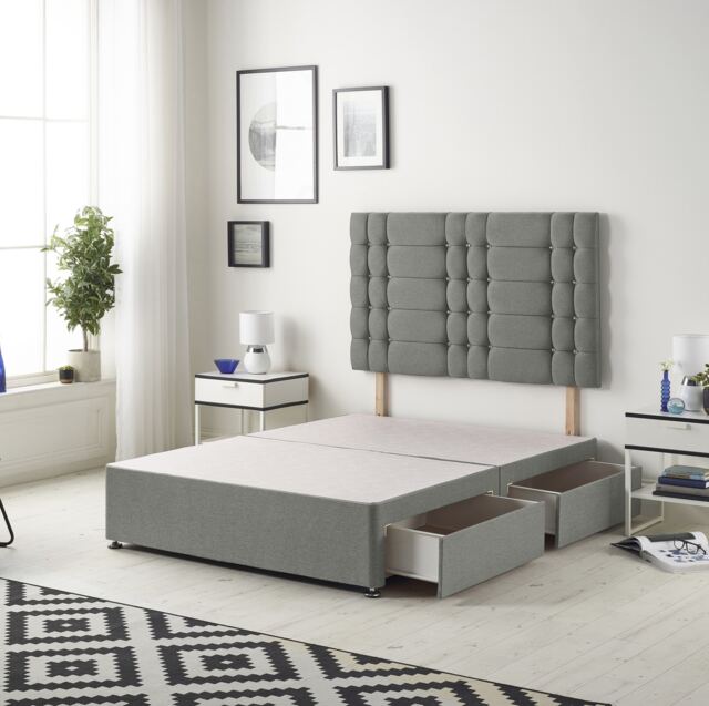 Astoria Divan Bed Base with 2 Drawers & 30 Inch Diamante Headboard in Linen Fabric Grey Grey Double