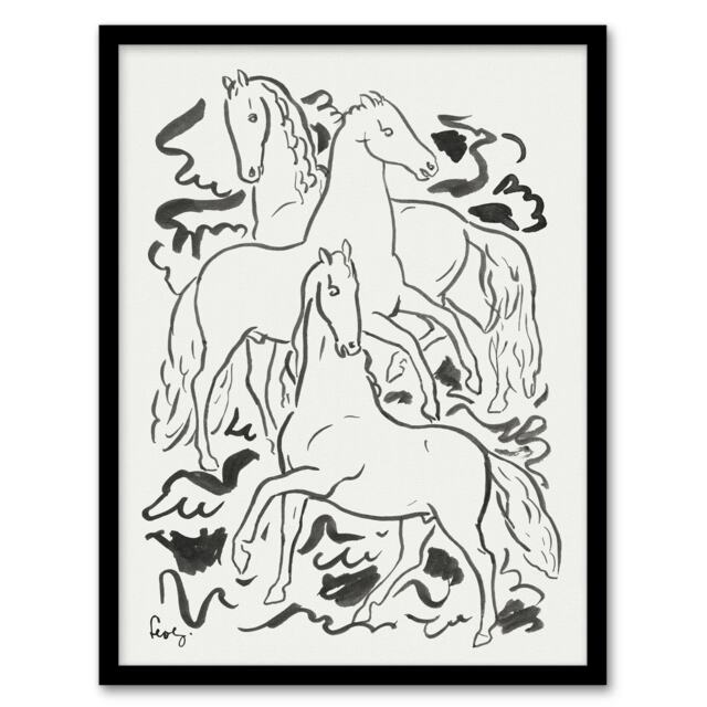 "Three Horses Ink Drawing Leo Gestel Framed Wall Art Print 12X16"""