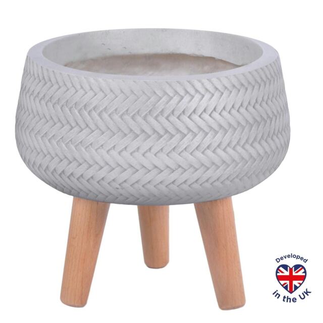 Plaited Style White Bowl Planter on Legs, Round Pot Plant Stand Indoor D24 H23 cm, 4.2 ltrs Cap.