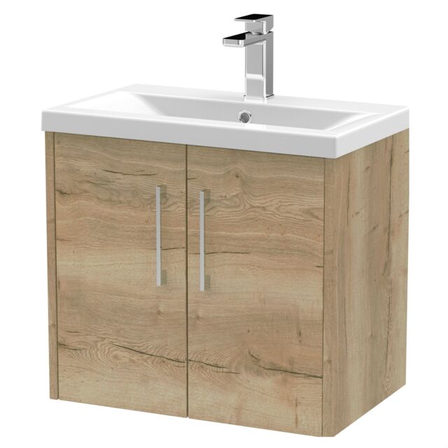 Balterley Winshill Contemporary 2 Door Wall Hung Vanity Unit with Mid-Edge Basin, Light Oak, 600mm