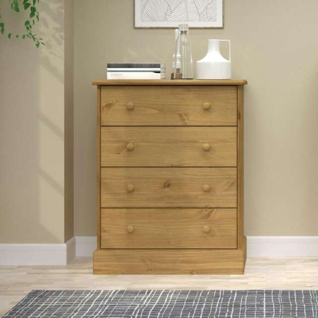 Cotswold 4 Drawer Chest of Drawers - Antique Waxed Pine Bedroom Storage with Turned Handles Brown Brown 1