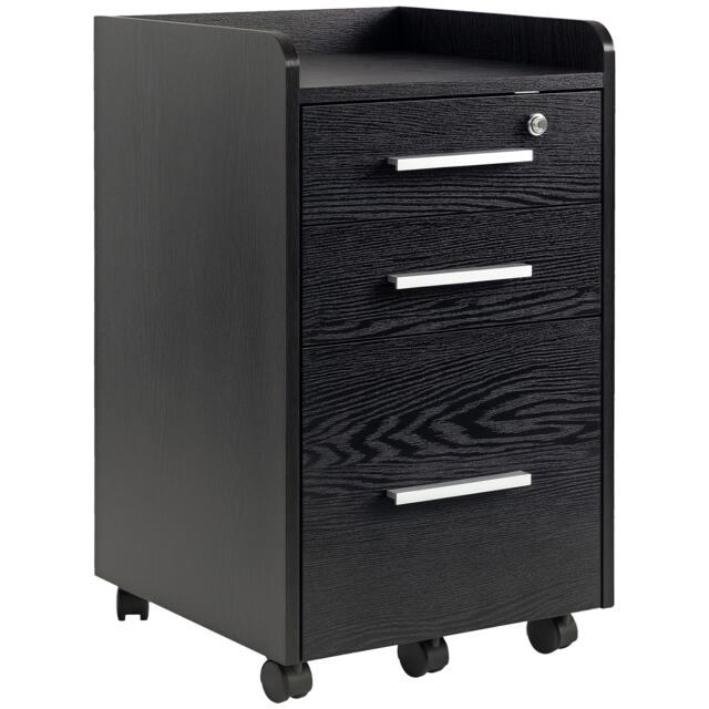 HOMCOM 3 Drawer Filing Cabinet with Lock, Rolling Under Desk Drawers with Edged Top for Letter, A4 Size, Hanging File Folders for Home Office, Black Black Black