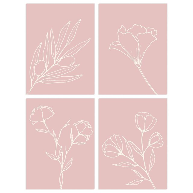 Set of 4 Minimalist Wildflower Outline Cream Pastel Pink Floral Wall Art Print A4