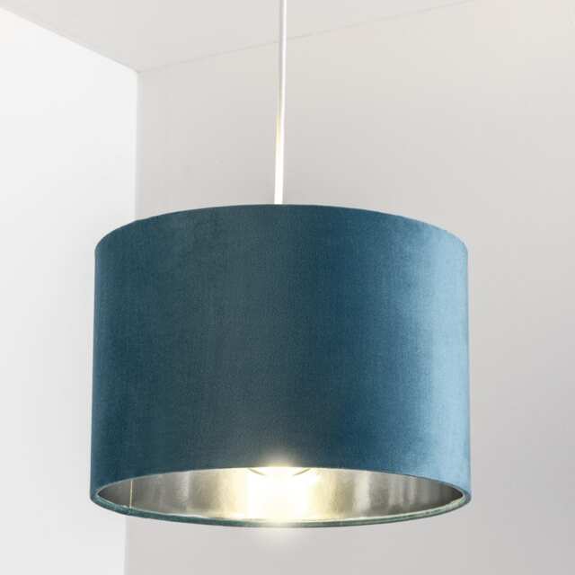 CGC Nila Teal Velvet Drum Pendant Shade with Silver Lining Blue Teal Velvet & Silver Medium