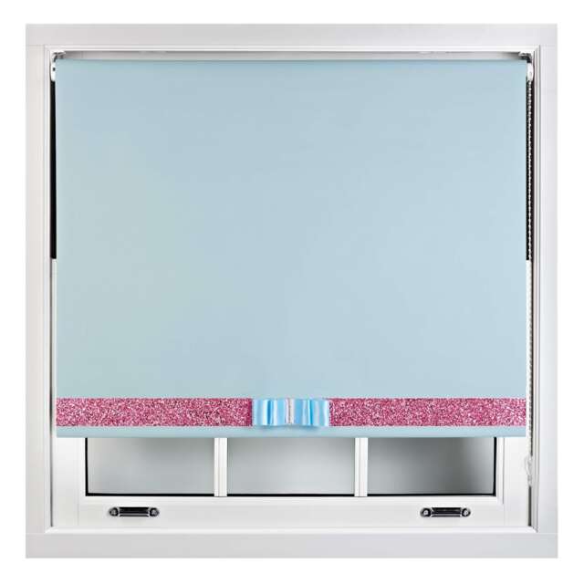 FURNISHED Blackout Roller Blind with Pink Glitter Trim and Duck Egg Bow Trimmable Window Shade Blue Duck Egg Blue (W) 145cm x (L) 165cm