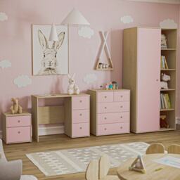 Junior Vida Neptune 4 Piece Bedroom Set, Pink & Oak (Desk, Bedside Table, Drawer Chest, Wardrobe) Pink Pink L 4