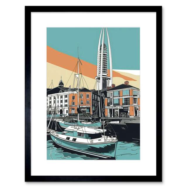 "Portsmouth Harbour Dockyard Modern 9x7"" Black Framed Wall Art Print"