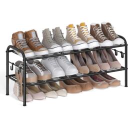 Shoe Organizer, 2-Tier Metal Rack with Hooks, Entryway Shoe Storage for Hallway or Closet, Ink Black