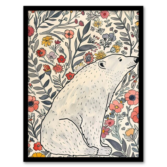Polar Bear Wildflower Pattern Soft Watercolour Black Framed Wall Art Print A4
