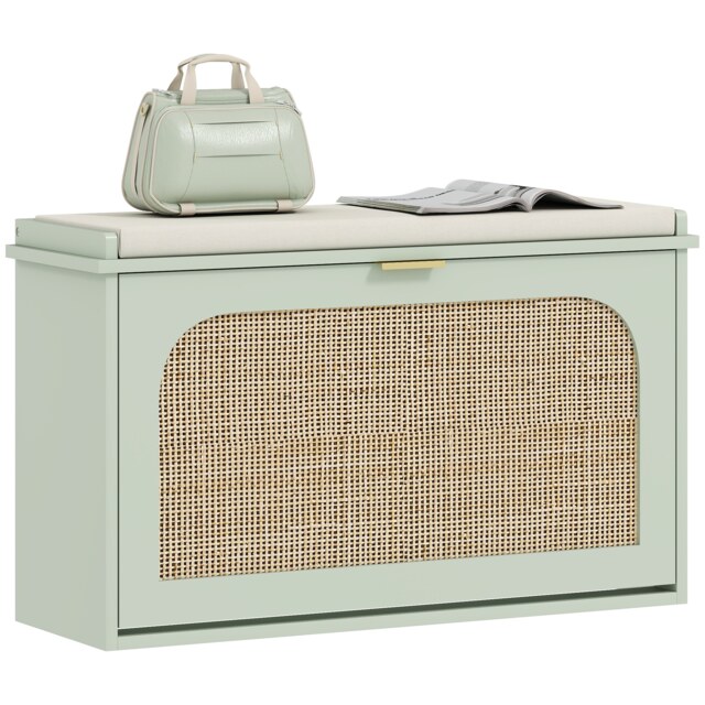 HOMCOM Boho Shoe Bench with Padded Seat and Flip-Drawer, Light Green Green Light Green